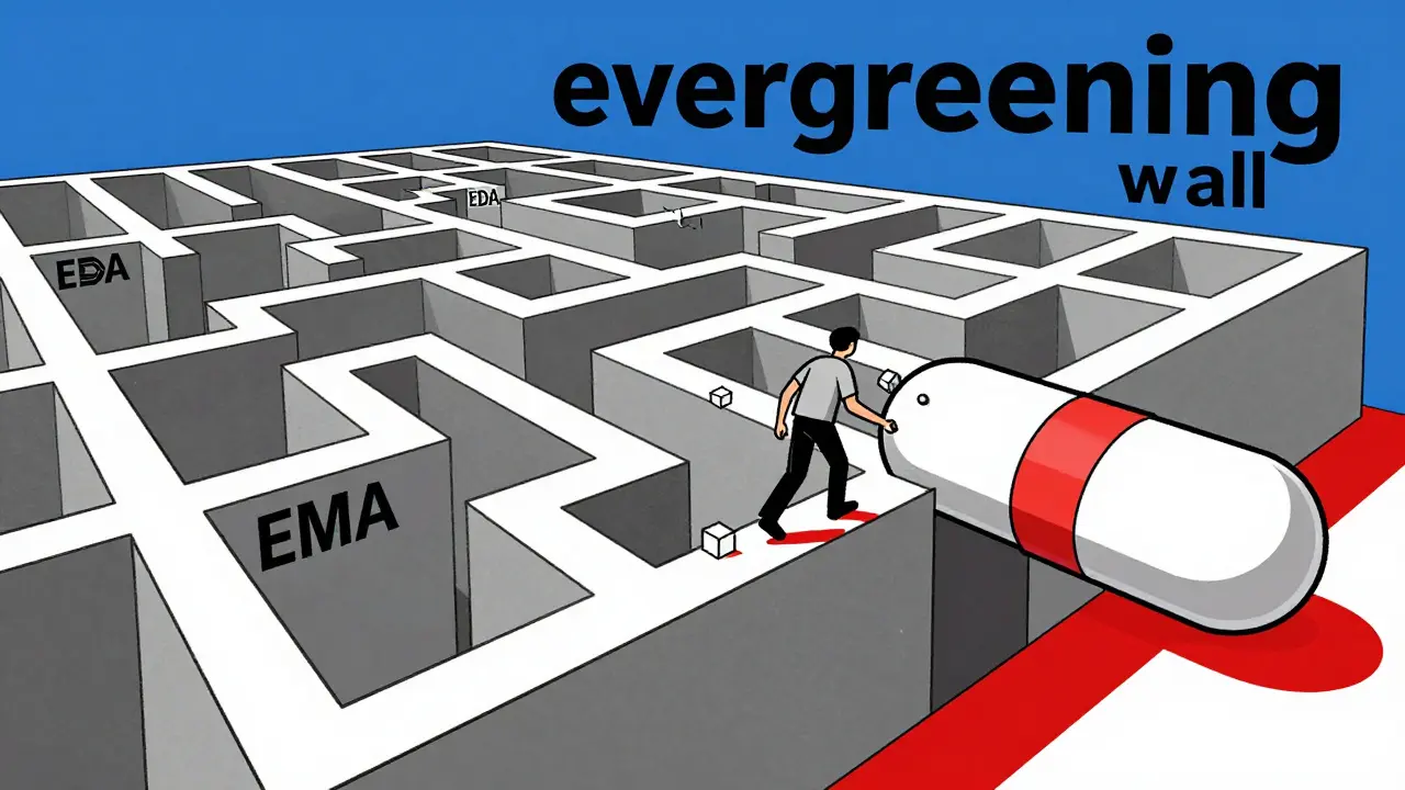 A geometric maze showing a generic drug trying to pass through regulatory walls and patent barriers.