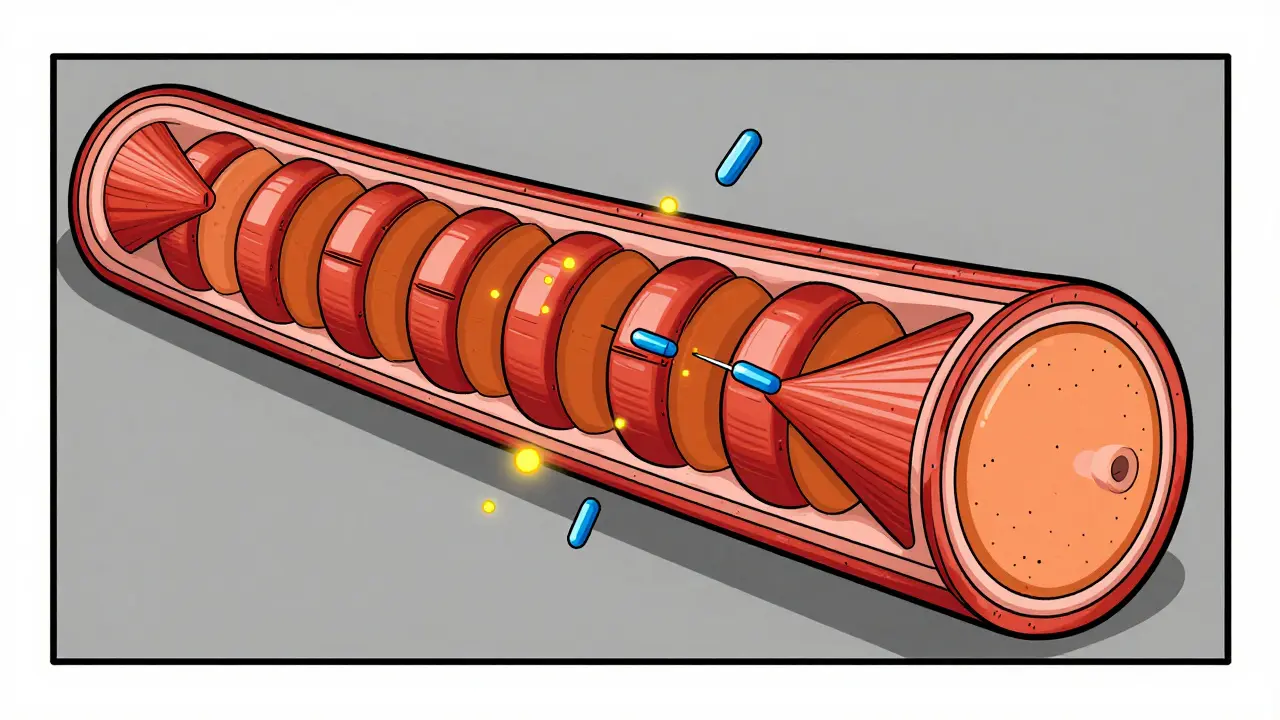 Abstract constructivist art showing enzymes leaking from a damaged muscle cell membrane