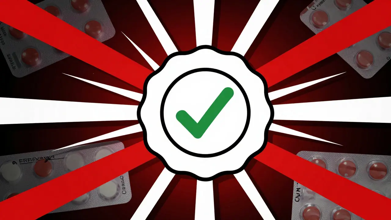 Abstract Constructivist image of a verified pharmacy seal with red warning bars.