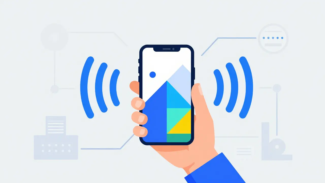 Abstract illustration of a hand with a smartphone creating a streamlined digital medical network.