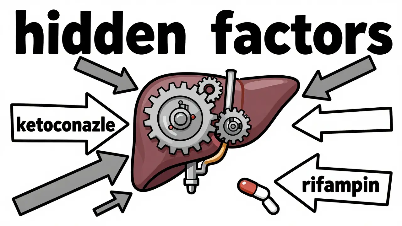 Abstract illustration of a liver as a gear mechanism showing the effect of drug interactions.