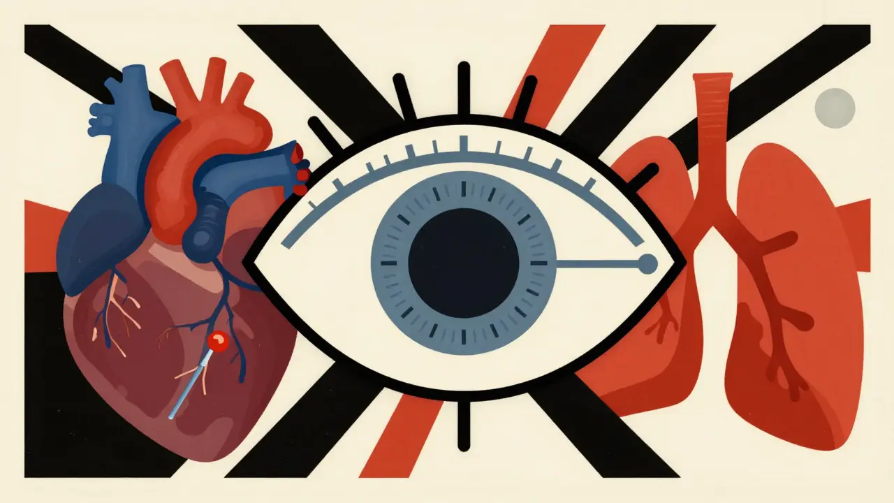 Constructivist style illustration of a medical monitoring eye and health symbols