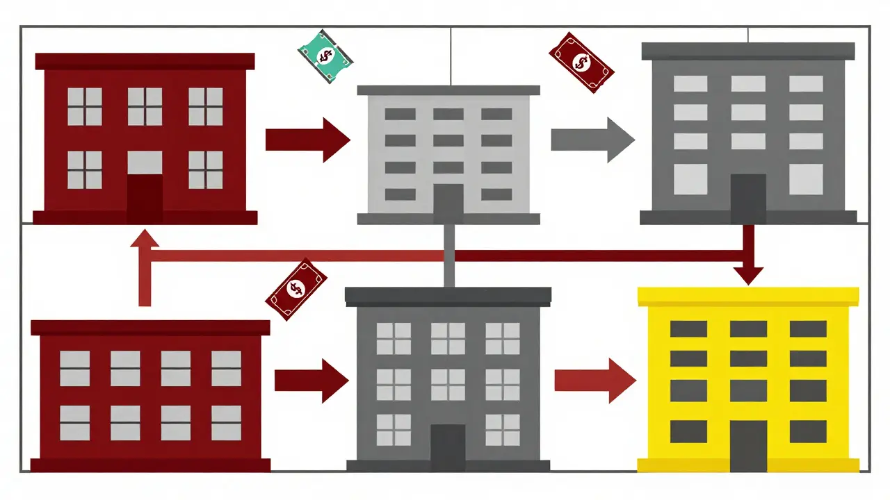 Geometric Constructivist art showing a network of pharmacies and price coupons.