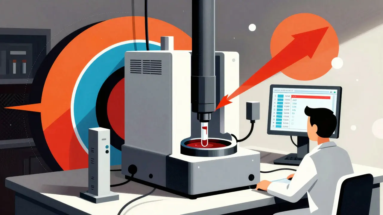 Geometric illustration of a modern laboratory using a mass spectrometer for blood analysis.