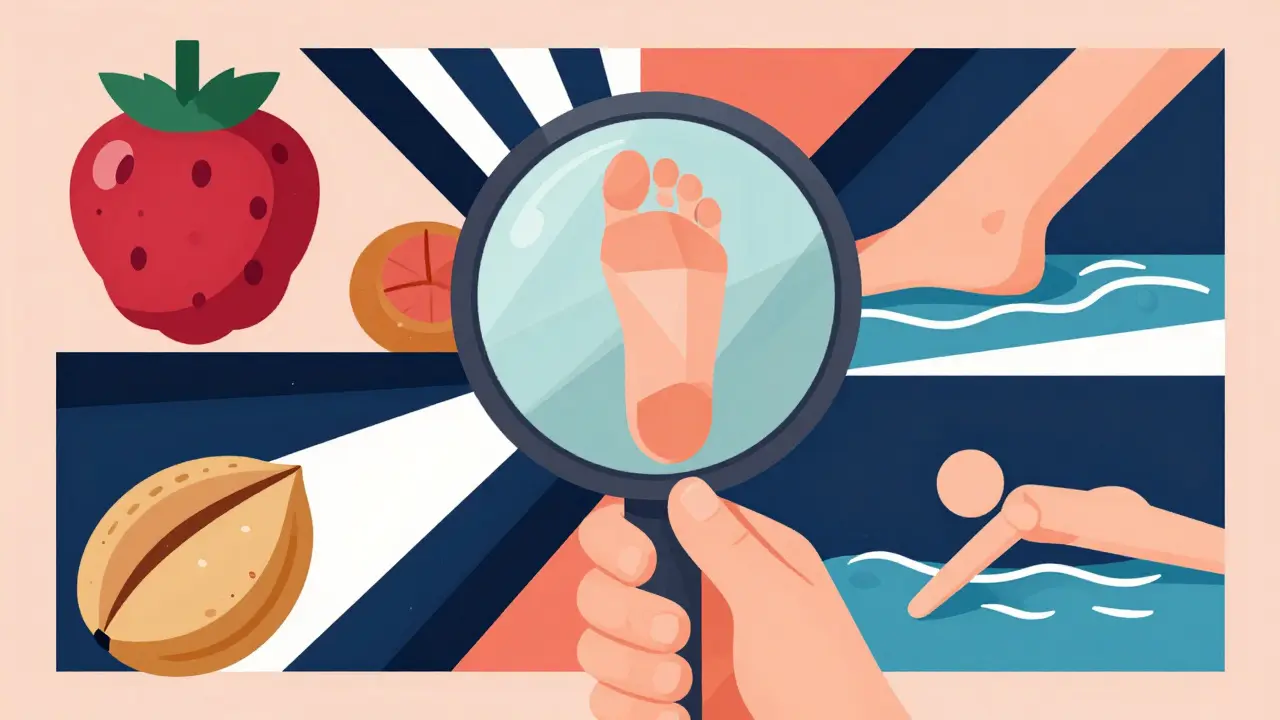 Illustration of a foot being checked with a mirror surrounded by healthy food and exercise symbols.