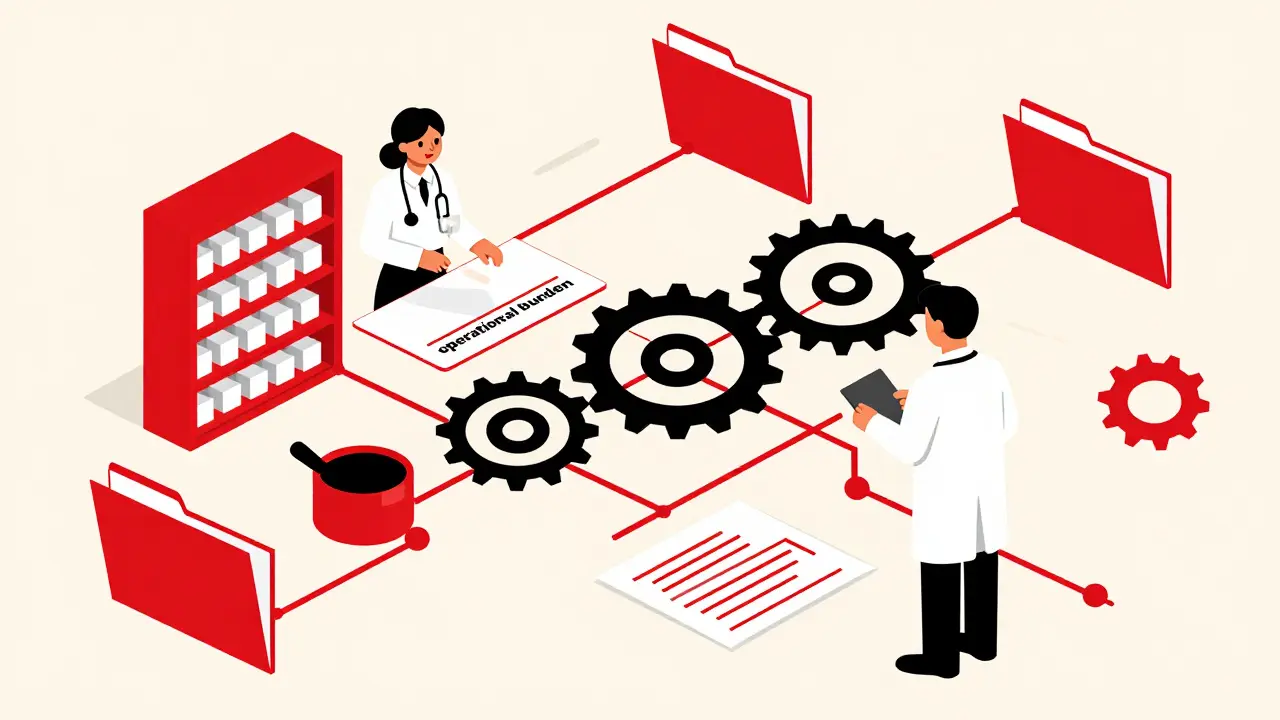 Stylized figures of a doctor and pharmacist connected by a complex network of red gears and grids.