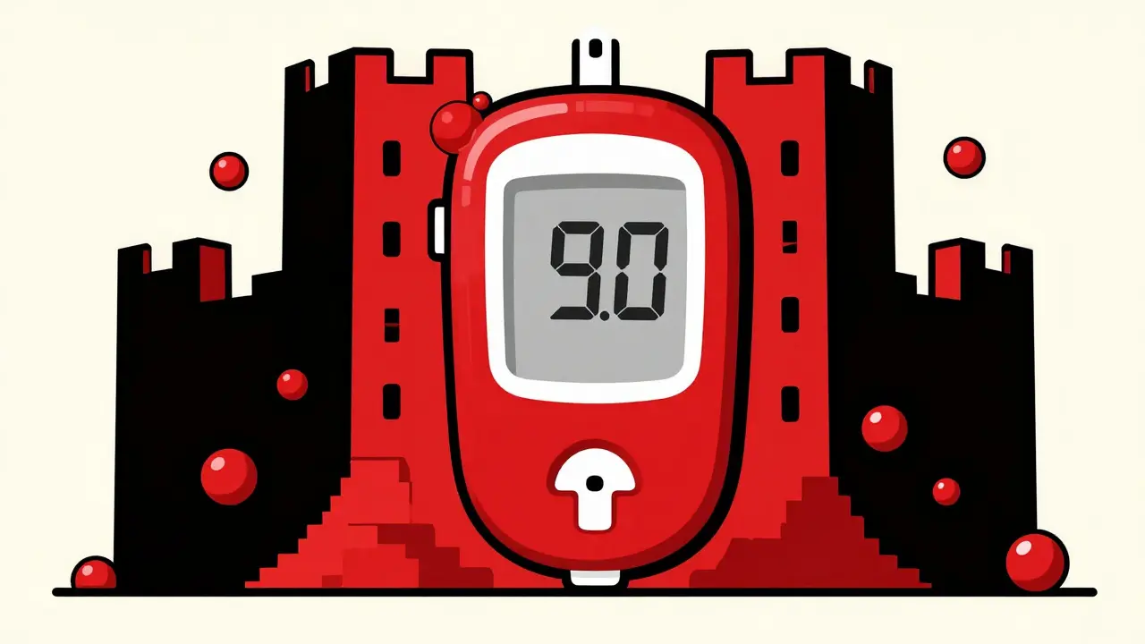 Stylized glucose meter as a geometric shield blocking red glucose spheres.
