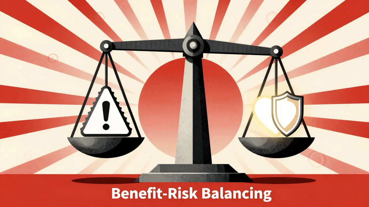 Stylized scale balancing medical risks against the benefits of treating a maternal health condition.